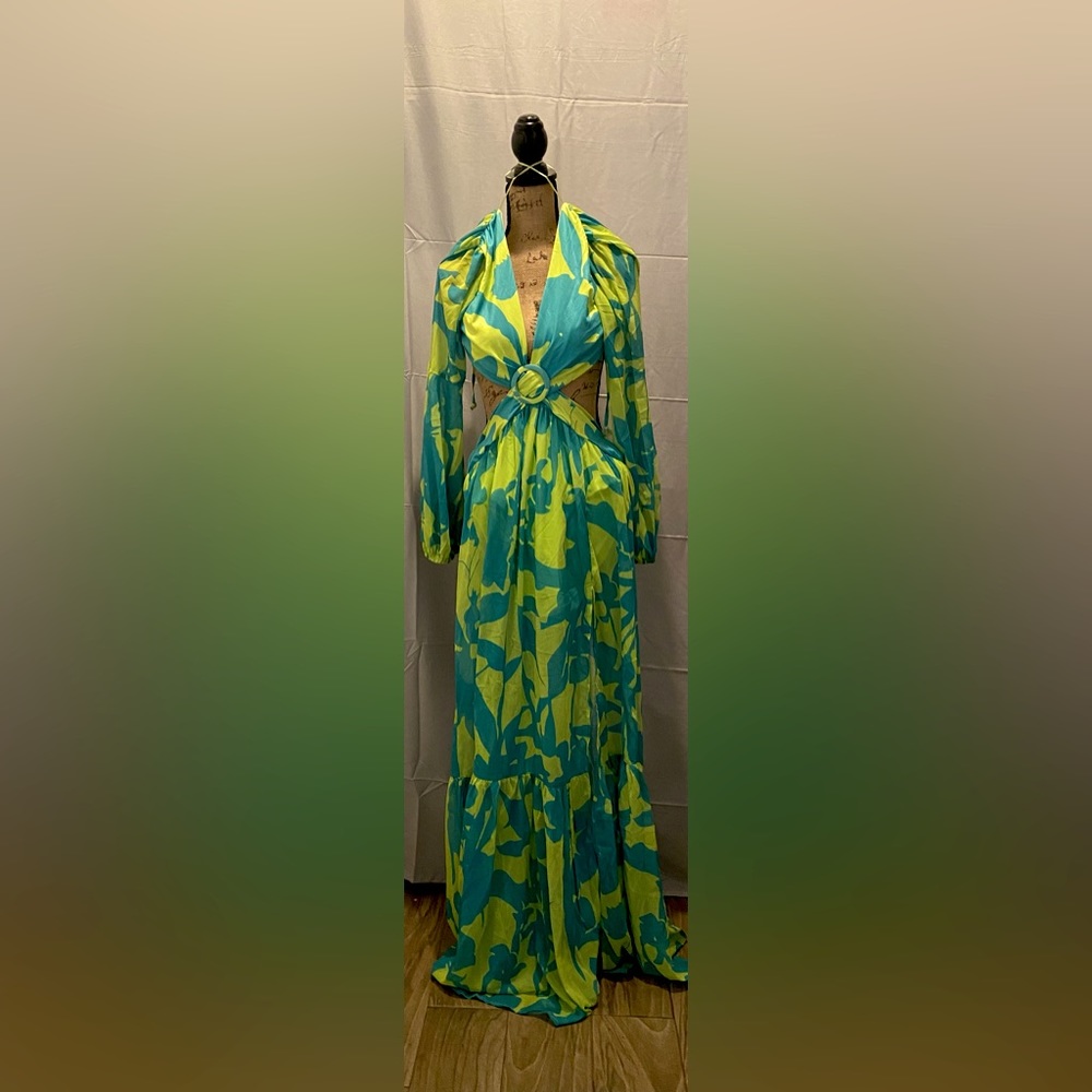 Medium Blue and Green Print Dress, Bathing bikini bottom inside,Neverworn (New)